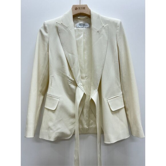 MaxMara Beige Wool Long-Sleeve Lapel Ribbon Suit Jacket XS Size Made In Italy - Picture 7 of 7